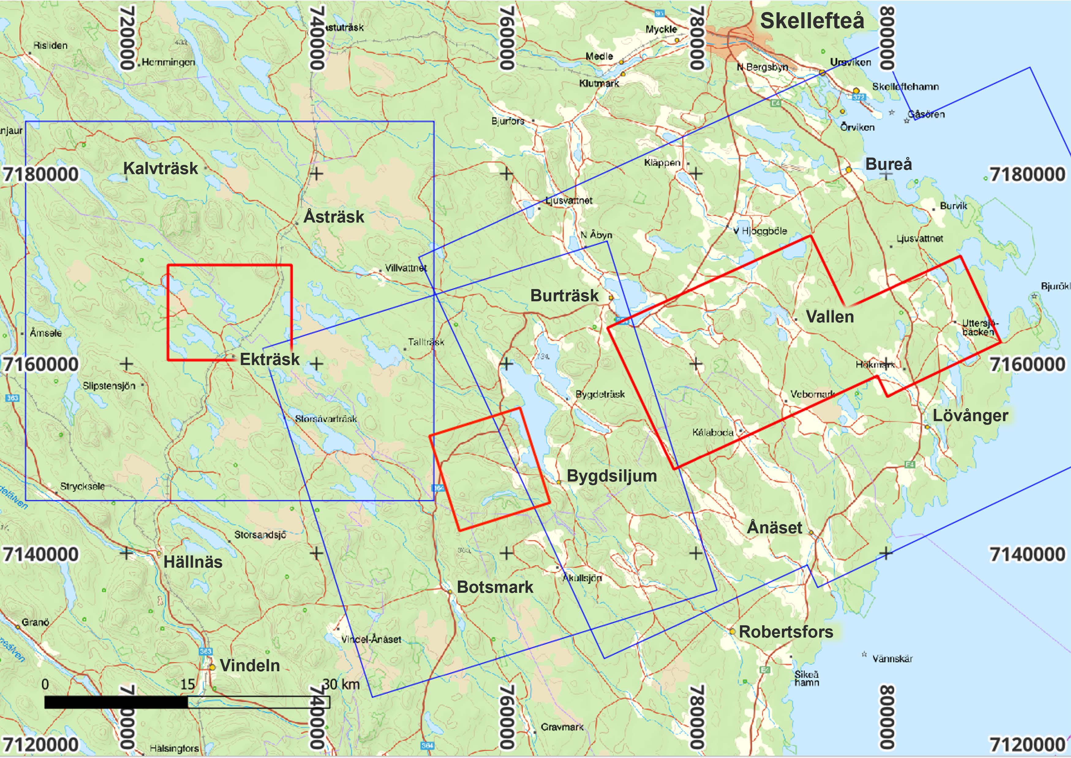 Kartbild över Västerbotten med markeringsrektanglar i rött och blått.