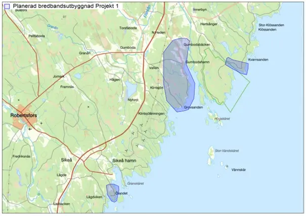 Karta markerad med områden för planerade utbyggning av bredband