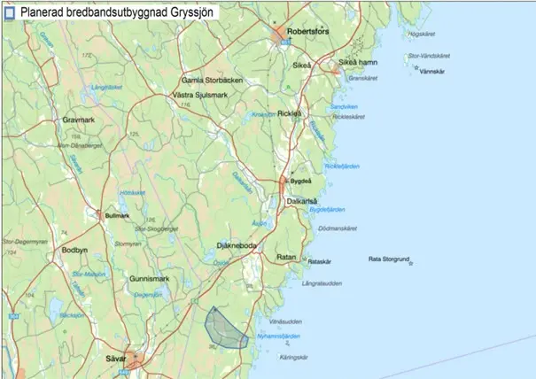 Karta markerad med område Gryssjön för planerade utbyggning av bredband